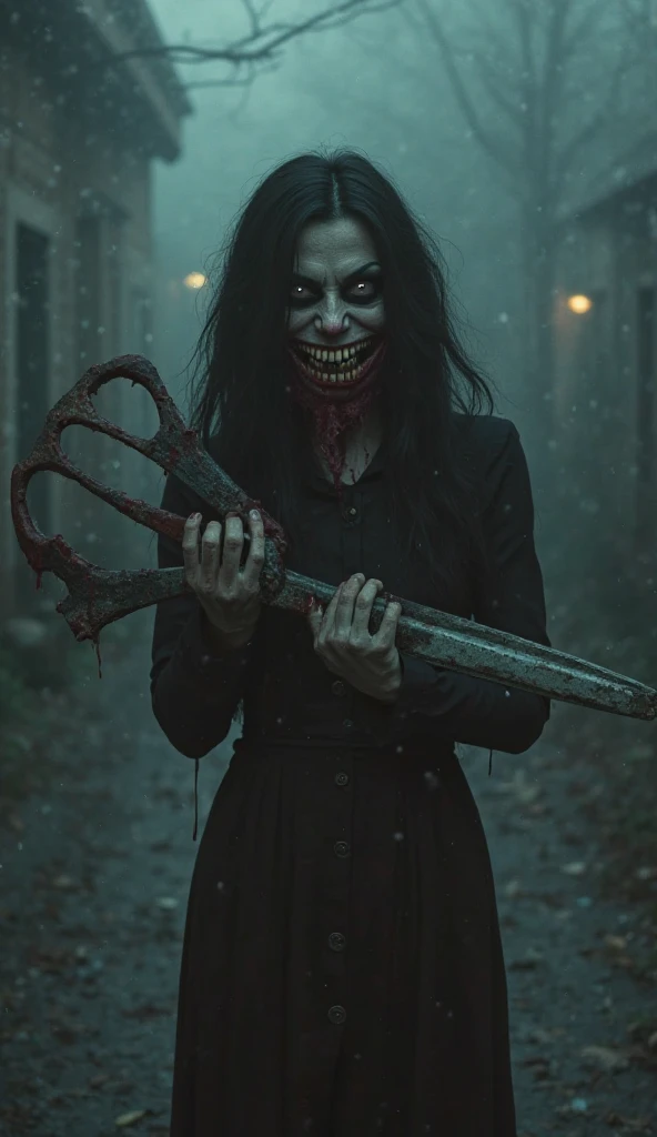 A horrifying woman with a grotesque, ear-to-ear smile holding a large, bloody pair of scissors. Her long dark hair falls over her pale face, and her hollow eyes glow faintly in the dim light. She stands in front of her victim, her posture menacing. The fog...