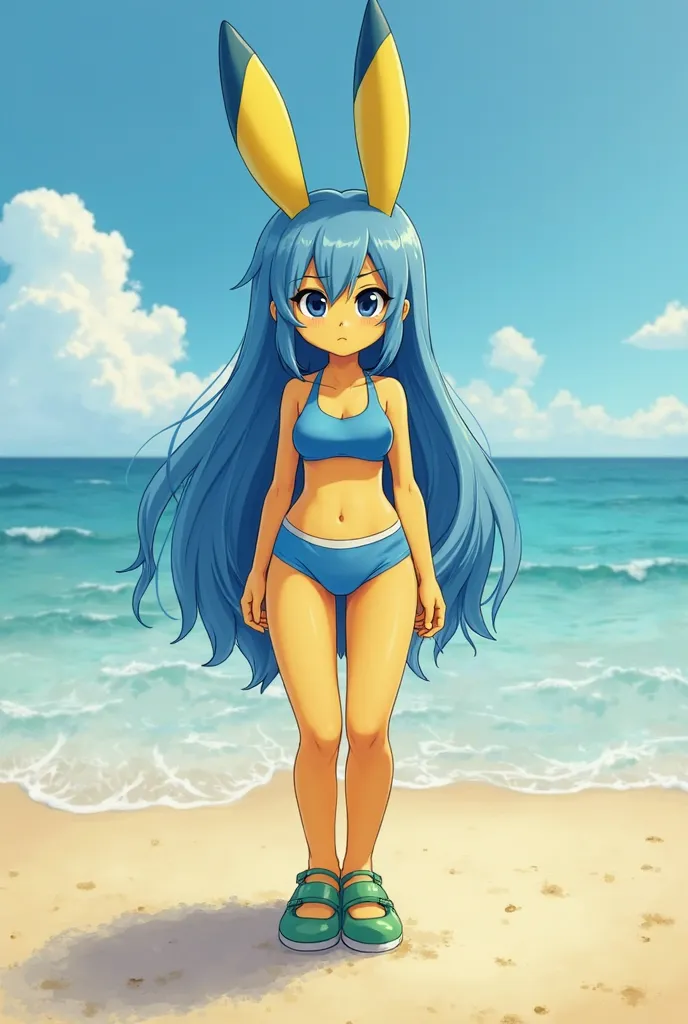 A 21 years old woman at the beach, She has yellow skin, long blue hair, black eyes and two yellow and blue bunny ears. She has a bored/annoyed face. She's wearing a short blue shirt, blue underwear and green shoes.