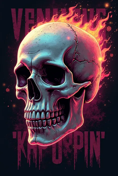 Highly detailed and realistic skull with neon flames and grunge textures, placed in a dark background. The design includes bold typography with a vintage and gothic style, perfect for T-shirt printing. The image should have a cyberpunk and edgy aesthetic, ...