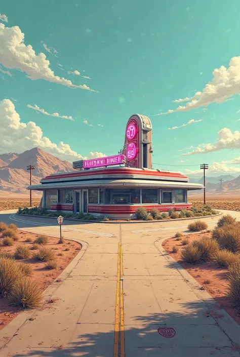 (Anime:1.2), 60s diner, along Route 66, Oklahoma, deserted area, viewed from outside 