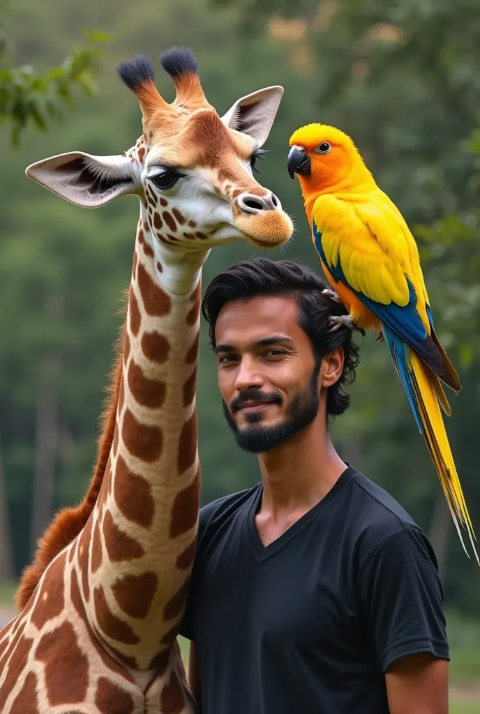 araffe with a yellow bird on his shoulder and a man with a black shirt, with his pet bird, pet bird, bird on his shoulder, xqc, with a parrot on his shoulder, parrot on head, 🐿🍸🍋, hasan piker, birb, inspired by Luca Zontini, with a big parrot, enes dirig