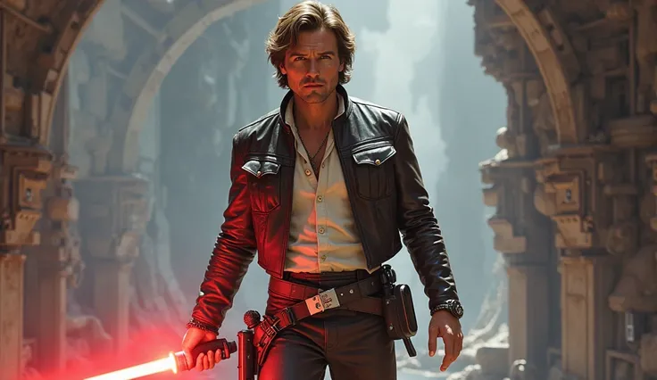 Han Solo from Star Wars,  from the front , standing and full-body,  with his lightsabre  ,  Star Wars style