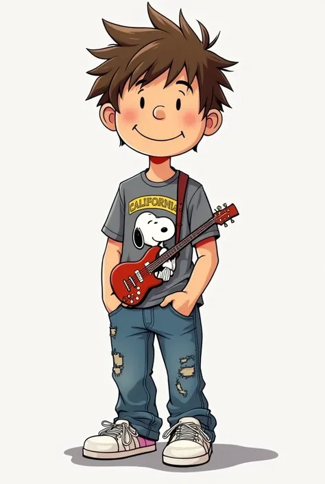 has messy brown hair, a simple smiley face, and is dressed in a gray t-shirt that has a Snoopy design with an electric guitar and the word "California"  At the top . He also wears worn jeans and white shoes,  Anime Style