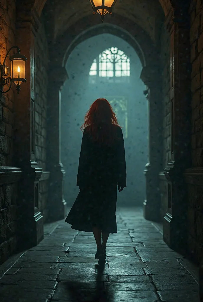 A reddish-haired woman walking down a long, dark student corridor