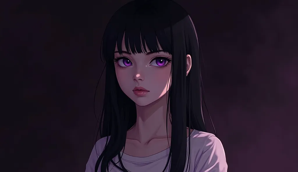 Digital illustration that presents a portrait in the foreground of a young woman with striking purple eyes and black hair who is looking to the left of the viewer, on a dark background with a gradient of purple and black tones. The woman is located in the ...