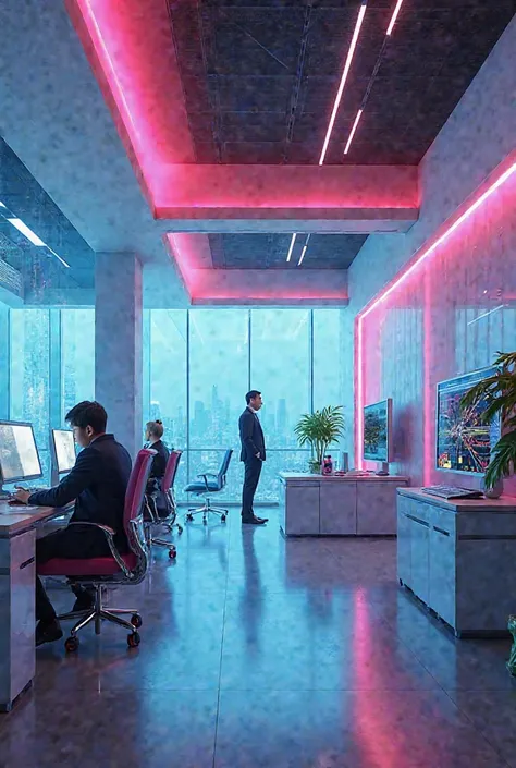 A sleek, modern office setup with neon lighting and a futuristic aesthetic, ultra-HD"