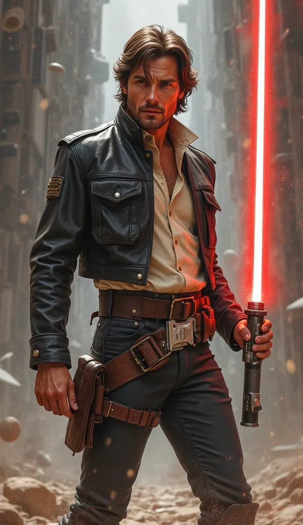 Han Solo from Star Wars,  from the front , standing and full-body,  with his lightsabre  ,  Star Wars style