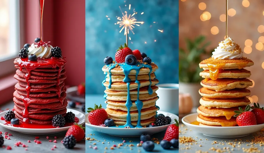 Create an image featuring three visually stunning stacks of pancakes, each with a unique color theme and presentation, set against a sparkling textured background.

1. Left Stack (Red Velvet Pancakes - Red Theme):

A tall stack of rich red velvet pancakes ...