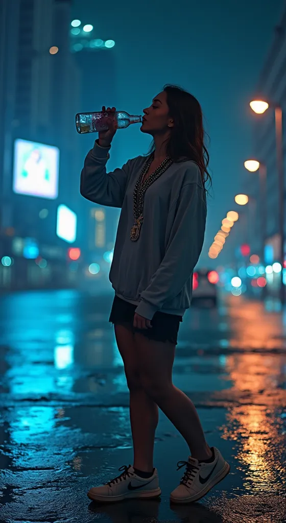  Realistic picture , Turkey , bottle. She is the size of an adult, She wears Nike sports shoes., She has a chain with a necklace on her neck, drinks from a, She is in the city of, It&#39;s night, . There are a lot of blue lights in the background, . The ci...