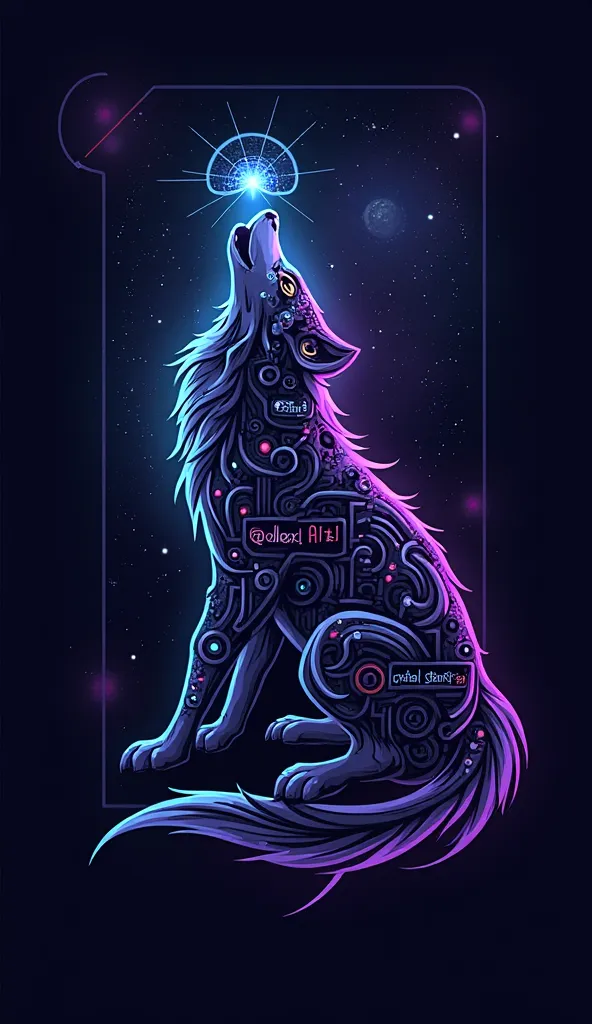 "A sleek and futuristic logo design featuring a cybernetic wolf howling at a glowing galaxy, with the text 'Ai.galaxy76' integrated into the wolf's body. The wolf has neon blue and purple accents, with circuit-like patterns on its fur. The background is a ...