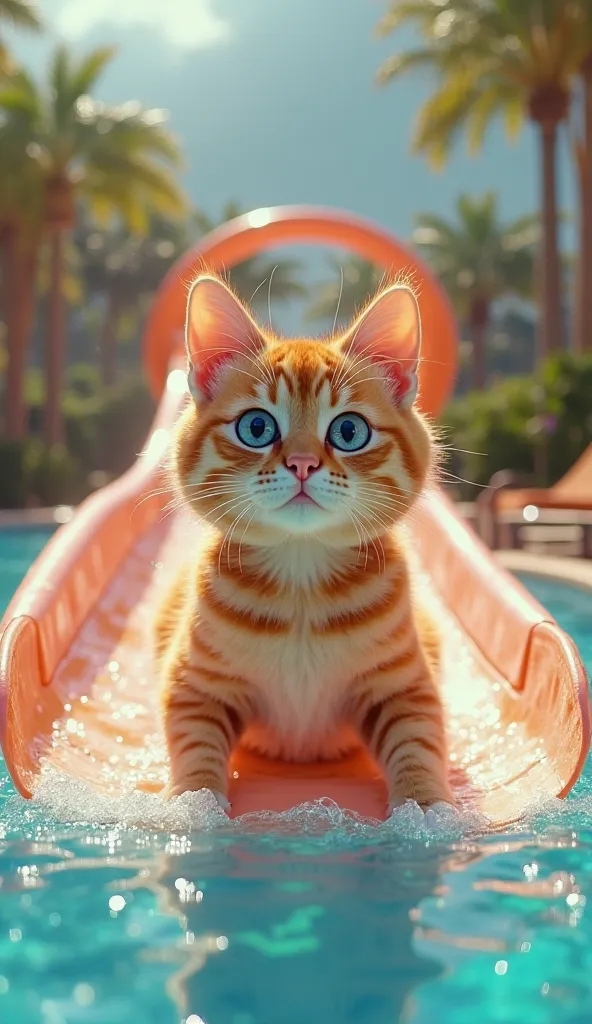 (photorealism:9.16)  Take a photo in front of the camera of a furry orange cat (animal )   De Maio Rosa An orange cat, ,  Her eyes are blue ,,  wearing a bathing suit  , Rose is gliding on a large colorful water slide, against the backdrop of a luxury pool...