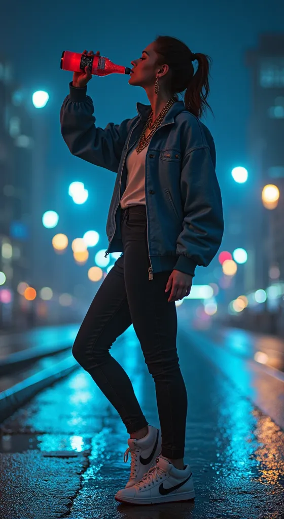  Realistic picture ,I have a turkey , bottle. She is the size of an adult, She wears Nike sports shoes., She has a chain with a necklace on her neck, drinks from a, She is in the city of, It&#39;s night, . There are a lot of blue lights in the background, ...