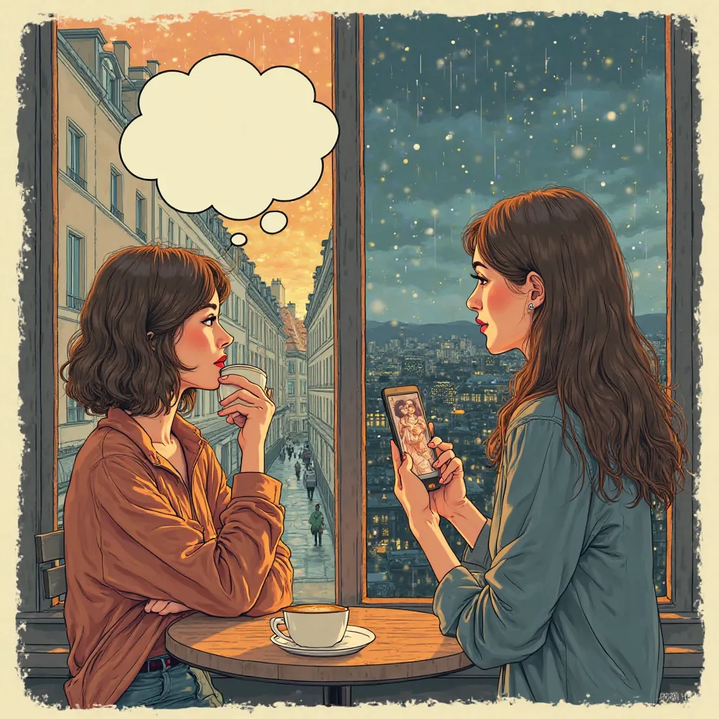 "A split-panel comic-style illustration featuring two women in different countries, each lost in thought about the other. On the left side, a woman with short, wavy hair sits by a window in a Parisian café, holding a warm coffee cup, gazing at the rain-soa...