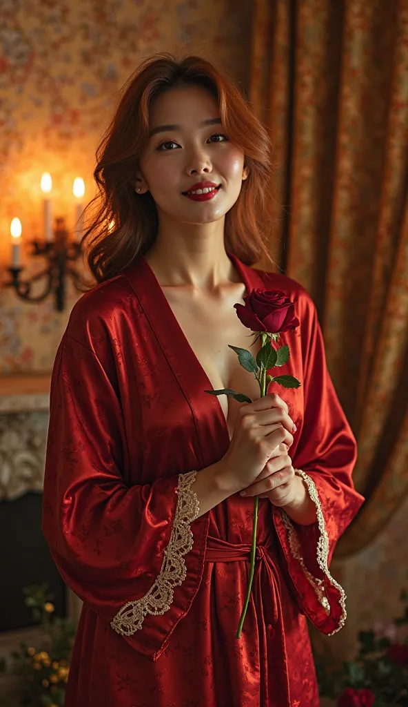 The room glows with a golden warmth, as flickering candlelight dances across the walls, casting playful shadows that seem to sway to an unheard melody. At the center of this enchanting scene stands a korean 40years woman who radiates both mystery and joy, ...