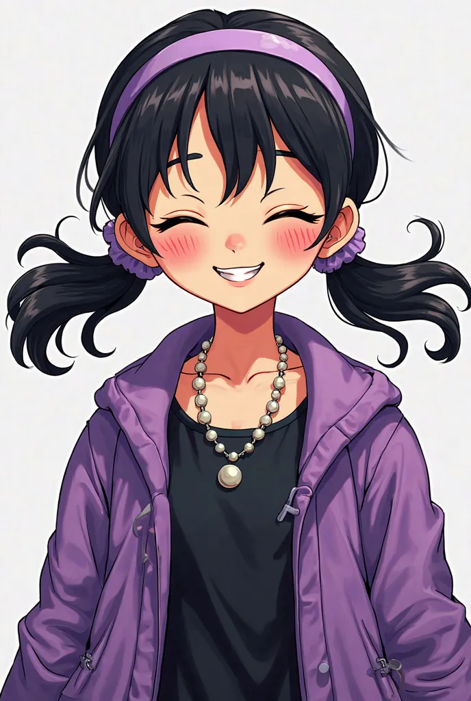 A comic book girl with two loose black pigtails 
 Tall, a light purple headband,  Yellowish white skin , black dress and necklace and a purple coat and smiling with her eyes closed