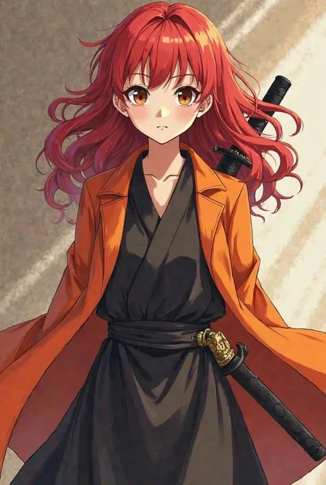 a girl in the ninja world with curly red hair dressed in a black dress and an orange coat a sword tied around her waist and a more confident face, And it has an average of 19 years
with brown eyes and light beige skin, anime 