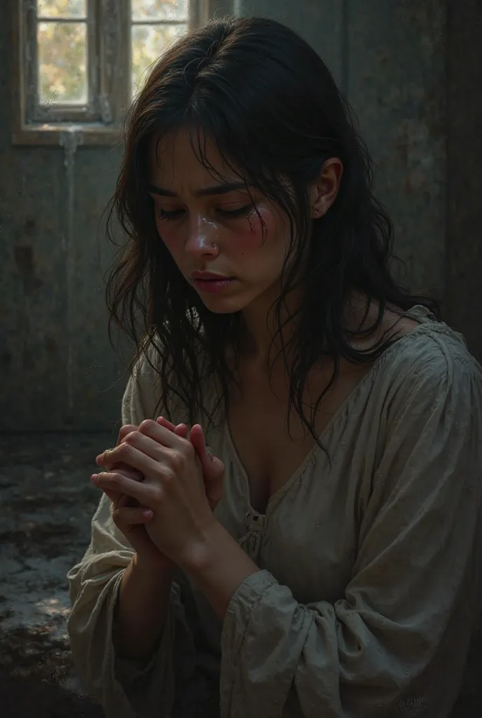 A woman shedding tears while praying 
