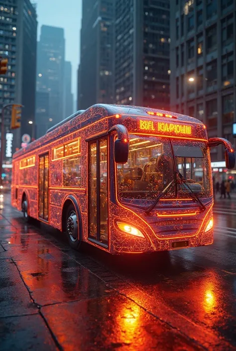 Make a moving bus in the city look like a digital laptop display that glows red orange and yellow. The image should create a connection to the digital world in everyday life. 