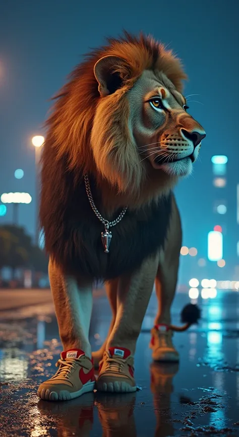  Realistic picture , Lion , It is the size of an adult, She wears Nike sports shoes., She has a chain with a necklace on her neck, drinks from a, She is in the city of, It&#39;s night, . There are a lot of blue lights in the background, . The city is compl...