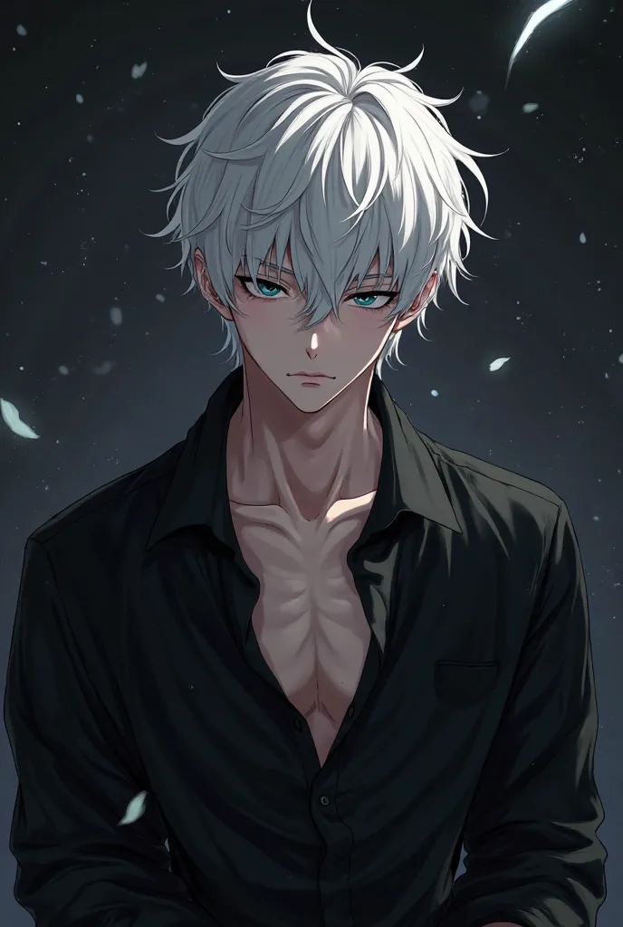 A young man with white hair and a black shirt anime black background