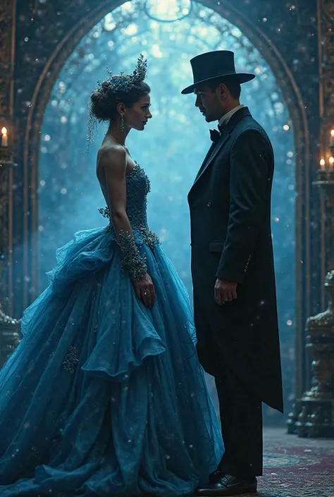 I want the image of a pianist and the owner of a circus, they are in front of each other, She in a big blue dress and him in black circus clothes and hat, on a half-bluish black background 