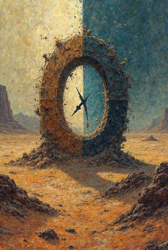 Clock broken in the desert and a contrast of light between day and night with an abstract touch in the separation between the light colors of the day and the dark colors of the night 