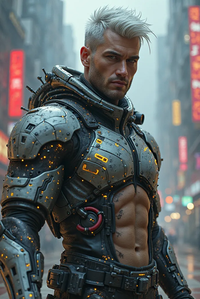 cool cyberpunk handsome white man with futuristic outfit with robot parts show front and back body side by side