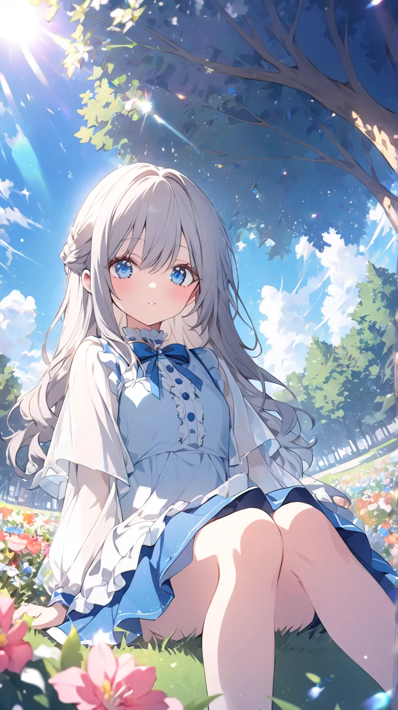 1 girl, blue sky、tree々、Park lawn、flower、Blue Eyes, Grey Hair、sit、 flared skirt seen from below、Accessory, Wide angleショット, Wide angle, Dutch Angle, glitter effect, blurred background, lens flare, 