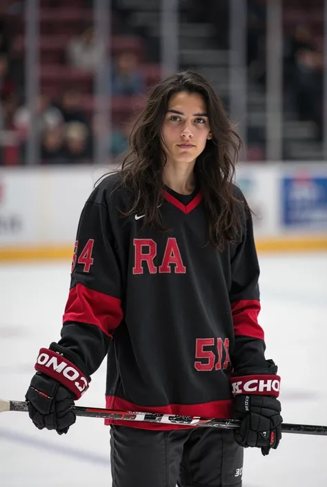 A handsome man of 21 with black hair,  gray eyes, wears his ice hockey uniform. You're on the track , has a cold and beautiful look; her hair falls rebelliously down her brow and forehead,  Her skin is pale . Holding a hockey stick with a flirty look. His ...