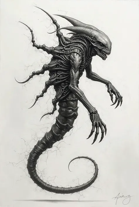 There is a drawing of a monster with a long tail, detailed sinister hidden creature, xenomorphicic, a hyper-detailed alien, xenomorphic, xenomorphic alien, bioluminescent creature, biomechanical xenomorphic,  creature art concept , Sci-Fi alien lizard, det...