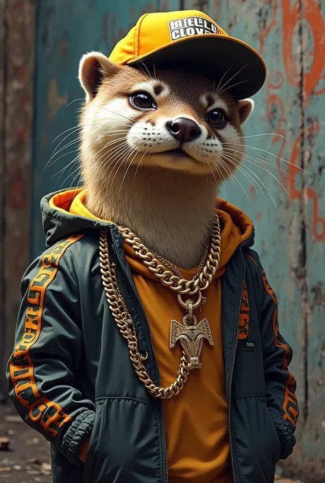 An otter wearing rapper clothes, chains and a cap