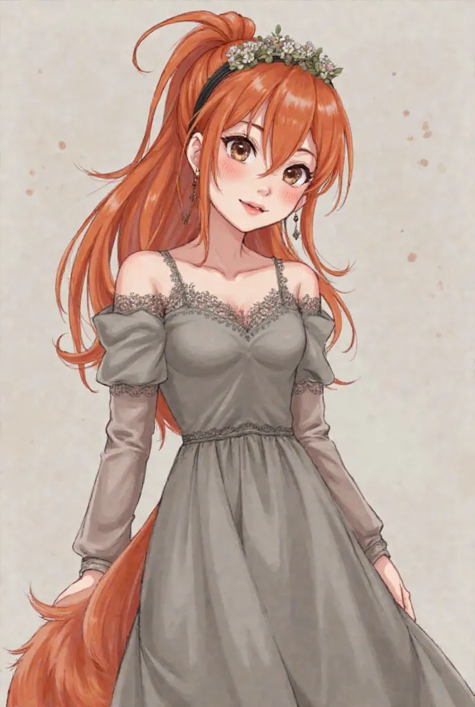 ### Character Features
- **Age**: s
- **hair**: redhead, hairstyle in a high ponytail
- **eyes**: Hazelnut
- **fur**: Medium tone
- **Complexion**:  thin

### Clothing
- **dress**:
  - **color**: Gray
 - ** Size**: Medium
 - **type**: Lace
- **accessories*...