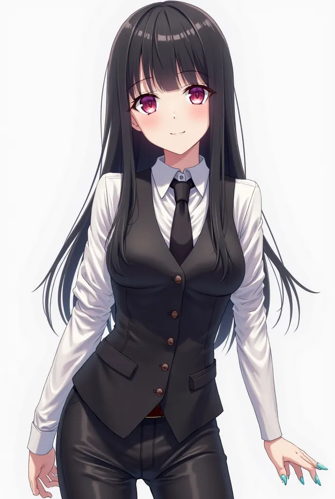 Japanese anime ********** woman with long straight black hair and intense magenta eyes and light blue nails and wears a white long-sleeved shirt with a classic collar, combined with a black tie and a black vest with short sleeves and with shiny black leath...