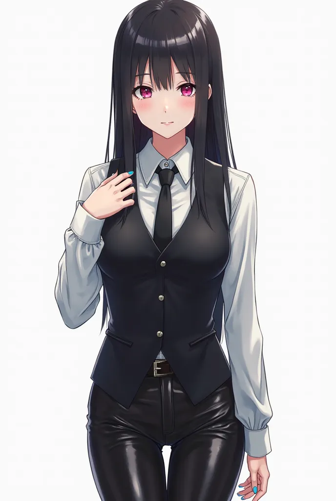 Japanese anime ********** woman with long straight black hair and intense magenta eyes and light blue nails and wears a white long-sleeved shirt with a classic collar, combined with a black tie and a black vest with short sleeves and with shiny black leath...