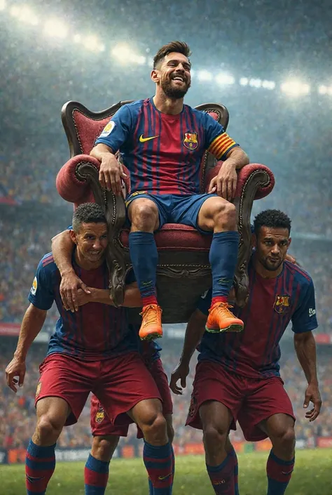 Create a detailed digital painting of Cristiano Ronaldo, Neymar, Mbappé, and Haaland carrying Lionel Messi on their backs. They all look exhausted and worn out, struggling under the weight, while Messi sits comfortably on a luxurious armchair placed on top...