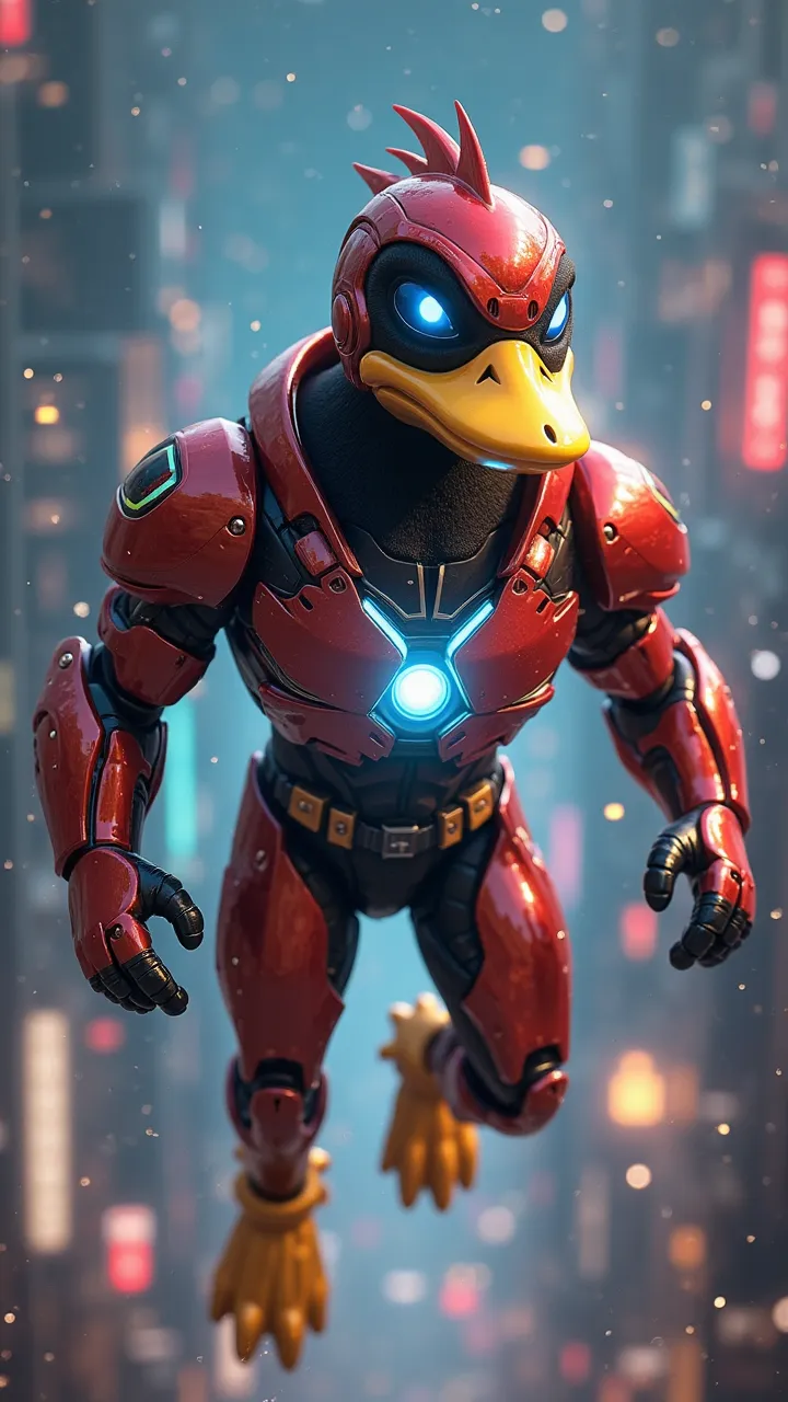 "An anthropomorphic superhero is inspired by a stylized black duck, wearing advanced technological armor. His metallic armor is shiny, with shades of red and gold, featuring an aerodynamic design and futuristic details. The helmet sights that make your eye...