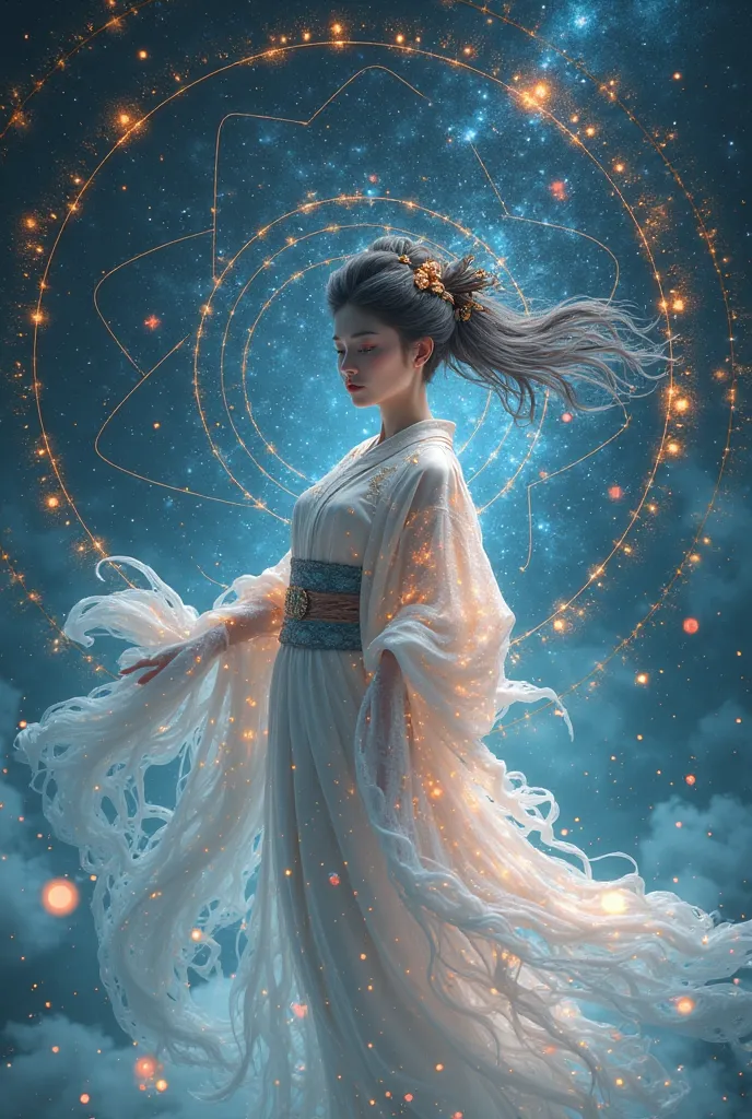 A heavenly geisha wearing a translucent kimono that seems to be made of starlight. Your hair floats as if it were in zero gravity, and your face transmits ancient wisdom. The background shows constellations interconnected by sacred geometry patterns,  crea...