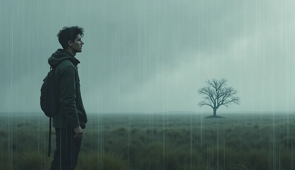 young man looking at the horizon in a rainy and gray landscape, Let it be a field and that there is only one tree. May the vibes be sad and nostalgic