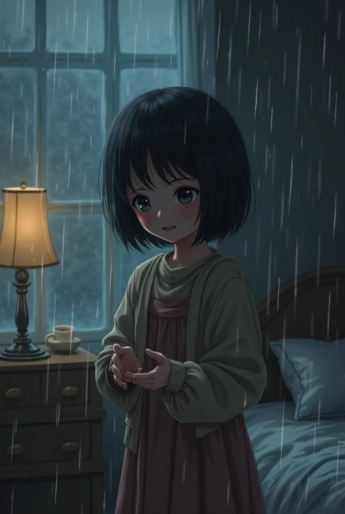 **Salma, a small girl, hesitates**, hands trembling. In a rainy night in her room