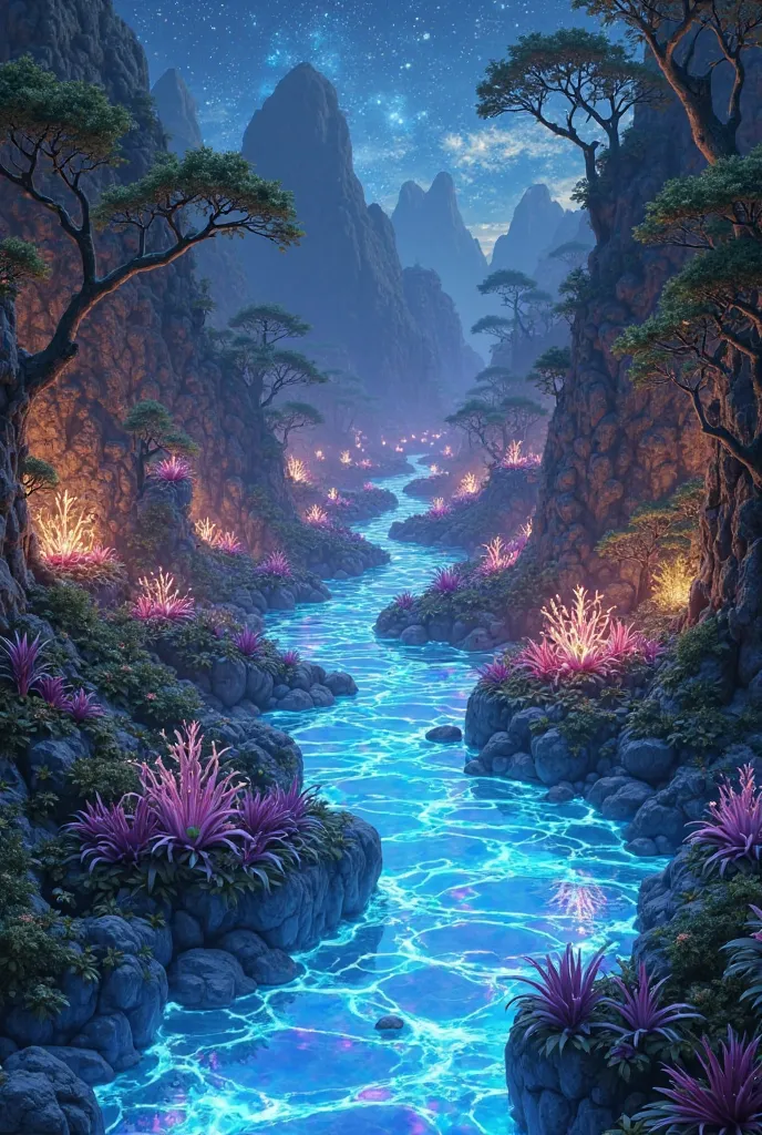 rivière aux sept couleurs ou canal de cristal dans le monde d'Avatar avec un environnement nocturne et lumineux