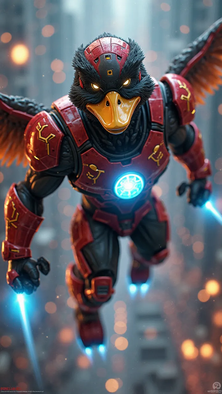 "An anthropomorphic superhero is inspired by a stylized black duck, wearing advanced technological armor. His metallic armor is shiny, with shades of red and gold, featuring an aerodynamic design and futuristic details. The helmet sights that make your eye...