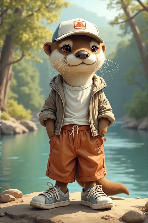 An otter with wide pants, white cap and sneakers