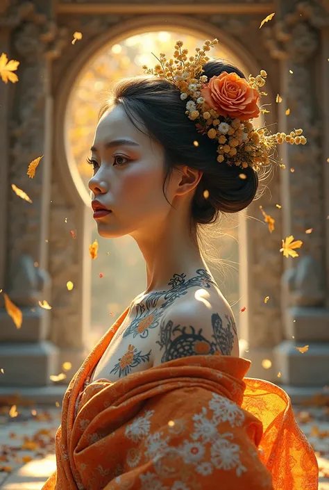 A geisha connected to the elements, with a kimono made of golden leaves and floating petals. Her gaze reflects the spirit of nature, and sacred tribal marks adorn her skin. The background shows an ancient temple with symbols carved in stone, radiating a go...