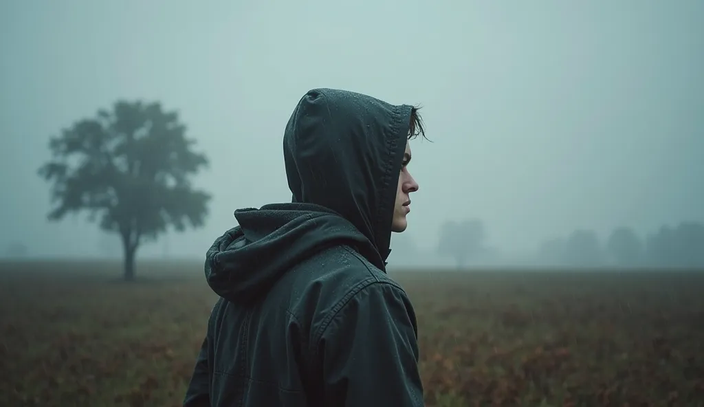 young hooded man looking at the horizon in a rainy and gray landscape, Let it be a field and that there is only one tree. May the vibes be sad and nostalgic. That the young man wears a hood and that his face cannot be seen