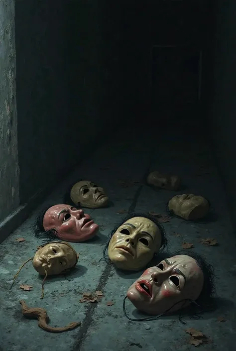 Masks fallen on the dark floor 