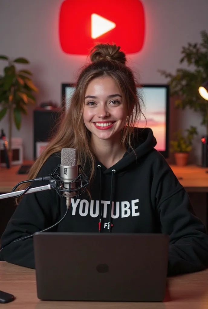 Create a image of "A 20 years girl, sitting in front of a computer desk with a microphone and laptop, wearing black hoodie with the Channel Name on it "GIRLY FF YT ,and smiling face and upper stylish hair The background includes a large YOUTUBE logo on the...