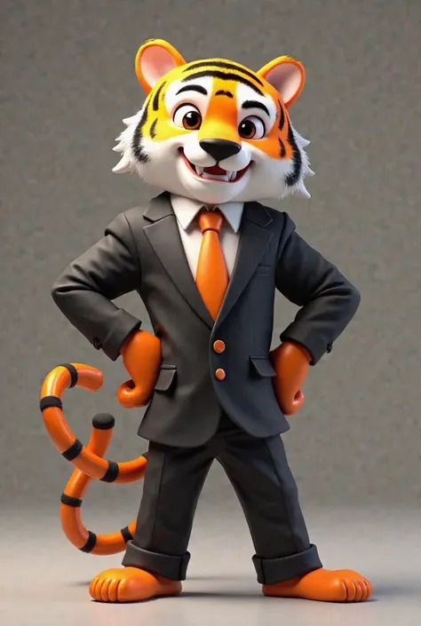 Create a 3D mascot of a tiger with a black suit, orange tie standing half on the side with the right arm extended with an open hand 