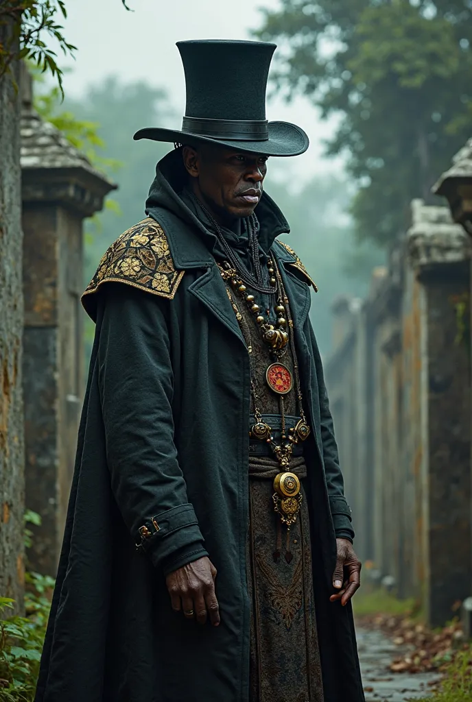 A man wearing a top hat on the cemetery door inside, style exu entity of African-based religions