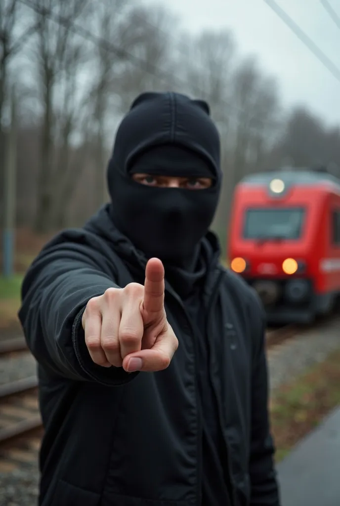 Man dressed in black with face covered, showing gesture "fuck you" raised middle finger towards those viewing this image, facing the front. Stoi on na polu słoneczników. It is cropped from the chest up. A train passes in the background.