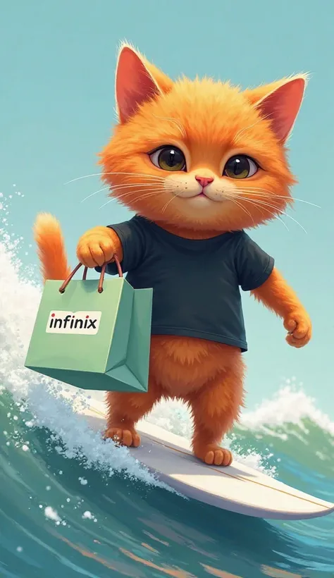 "Make a picture of a big fluffy red cat wearing a black shirt, surfing on a white surfboard. the cat should be holding a small light green shopping bag with the infinix logo, and there should be a big shopping box in front of the board.